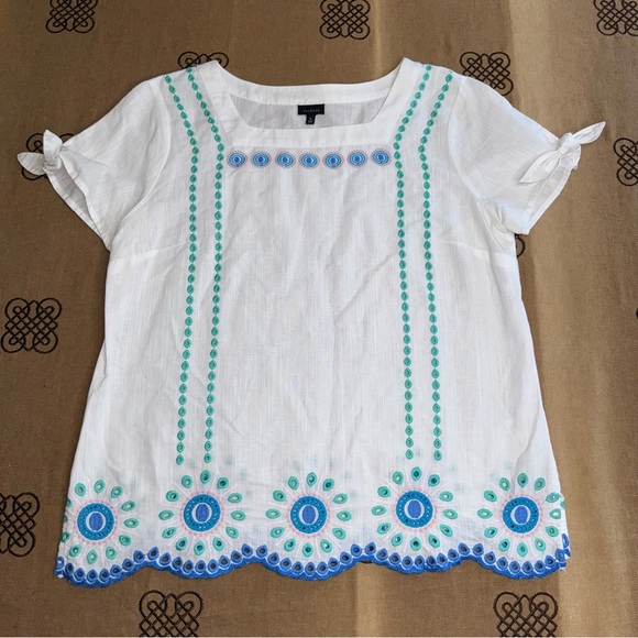 TALBOTS Linen Blend Embroidered Square Neck Top In White/Blue - Picture 2 of 16